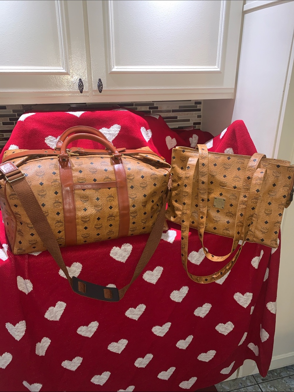 Bundle MCM Cognac Visetos Logo Duffel with Leather Trim With Free MCM Tote Made